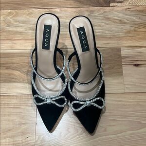 Black and rhinestone bow high heeled mules - like new!